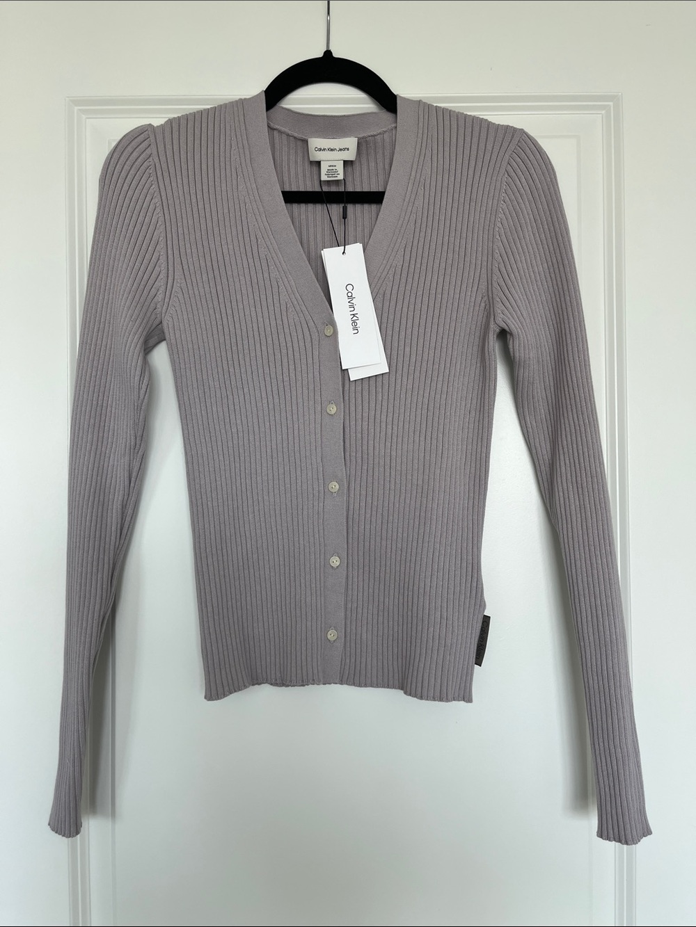 Calvin Klein Ribbed Button-Front Cardigan in Dusty Mauve/Grey
